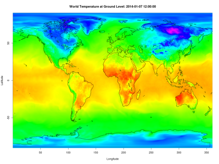 World temperature at 2 m above ground, generated using rNOMADS.