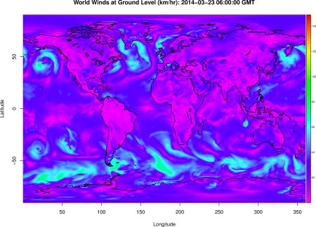 Winds at the surface of the Earth from the GFS model.  Note the little spot of high winds - that's Tropical Cyclone Gillian, a Category 3 storm when this image was generated.